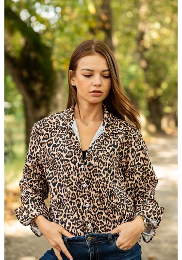 Verdeblanco Leopar Desenli Dijital Baskılı Uzun Kollu Relax Gömlek Leopar
