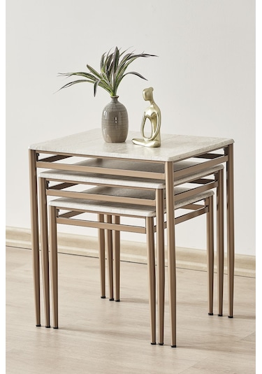 Damrin Serisi Traverten Desen 1. Sınıf Mebran Mdf 3 Lü Zigon Sehpa Takımı Traverten Desen - Bronz Ayak