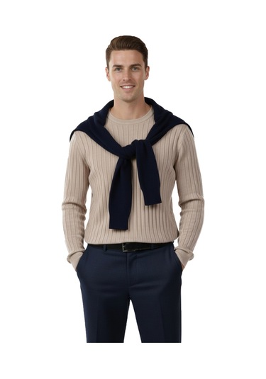 Deepsea Erkek Bej Rahat Kalıp Çizgi Dokulu Triko Kazak Şık & Modern Tasarım 2605432 Bej