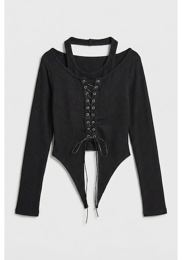 Itsbasic Kadın Siyah W5 Asimetrik Kesim Özel Tasarım Crop Top