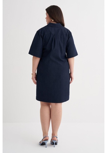 Kısa Kollu Cepli Denim Elbise-6244 Mavi