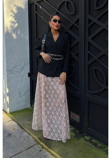 Crimson Grace Kadın Vizon Dantel Maxi Etek Şık Yazlık Tasarım Vizon