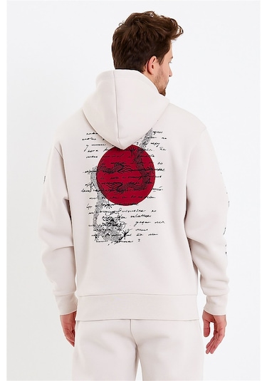JAHR MARC Ejderha Baskılı Krem Oversize Erkek Sweatshirt Krem