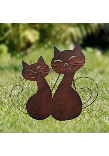 Wezone Rustik Bahçe Dekoru - Çift Kedi Figürlü Dayanıklı Metal Heykel 35cm