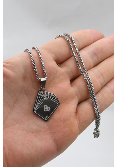 Iskambil Oyun Kağıdı Motifli Kolye Paslanmaz Çelik Zincir 902299 Gümüş