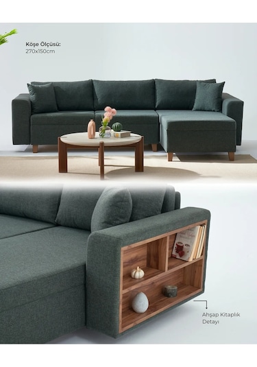 Rengar Köşe Takımı & Yataklı Bazalı Keten Kumaş Köşe Koltuk Takımı - Mavi V119 Mavi