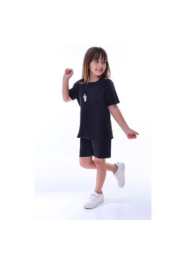 Ribana Beybi Overlok Detaylı Kuromi Nakışlı Alt-üst Takım Lacivert