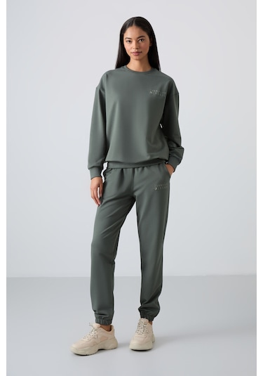 Tommy Life Çağla Basic Pamuklu O Yaka Oversize Lastik Paça Kadın Eşofman Takım - 95287 Çağla