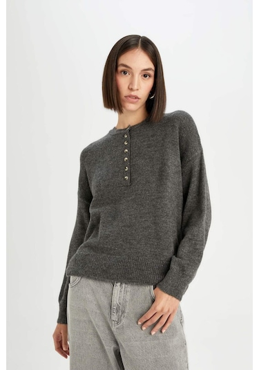 DeFacto Oversize Geniş Kalıp Düğmeli Yaka Triko Kazak D4913AXNSAR15 Antrasit