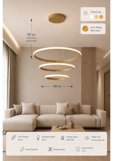 Rizon 3 Lü Led Sarkıt Avize 3 Renk Kumandalı Eskitme