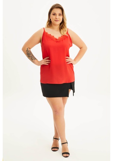 Dantelli İp Askılı Bluz-1672 Kırmızı