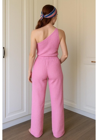 Tek Omuzlu & Gofre Dokulu İkili Takım Pembe