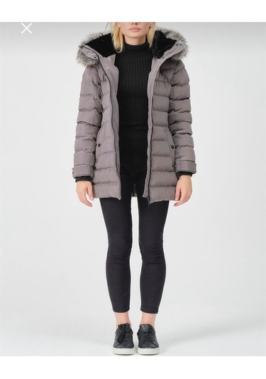 Kadın Vizon Kürklü Çıkarılabilir Kapüşonlu Su Geçirmez Uzun Şişme