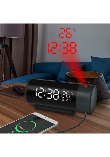Plentiful Projeksiyonlu Silindir Usb Güç Led Ekran Çalar Saat Sıcaklık Çift Alarm Siyah