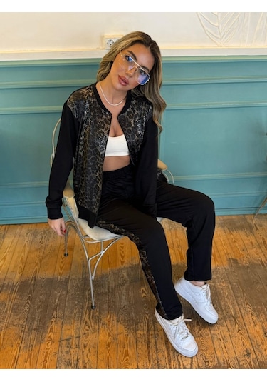 Ahes Shopping Kadın İki İplik Kumaş Yılan Desenli Fermuarlı İkili Takım Siyah