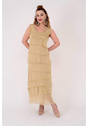 Italyan 2 Beden İnce Gösteren Kat Kat Kolsuz Ipek Elbise Görseldeki