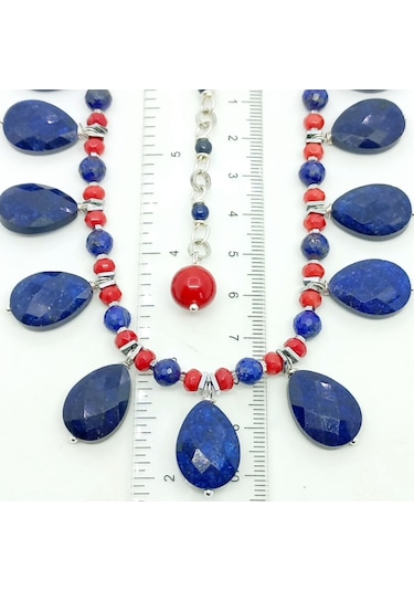 2745 Lapislazuli Mercan Hematit Çelik Aparatlı El Yapımı Kolye Çok renkli