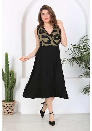 Kadın Siyah Haki Tiger Desen Bloklu Biye Detay Kruvaze Elbise-haki Haki