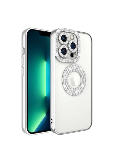 iPhone Uyumlu 13 Pro Kılıf Kamera Korumalı Taş Süslemeli Arkası Şeffaf Redclick Asya Kapak - Gümüş