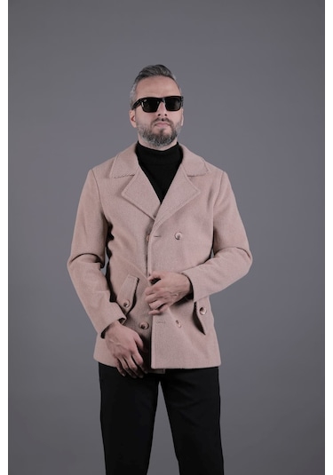 Ohepmoda Desenli Kruvaze Erkek Kaşe Kaban Sütlü Kahve