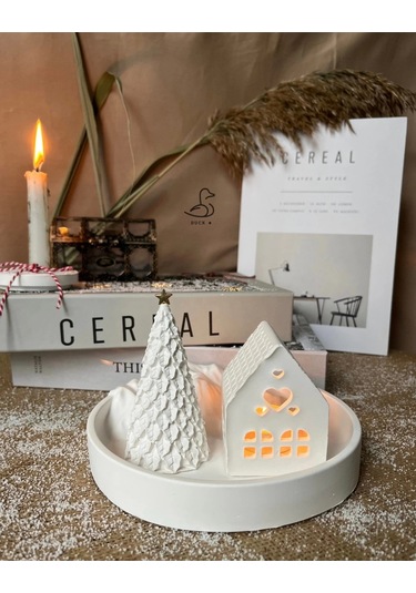 Dağ Görünümlü Tabak Çukur Ev Şeklinde Tealight Mumluk Çam Ağacı Dekor 2 Li Set