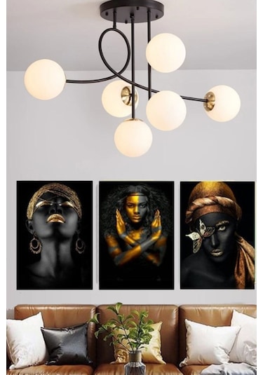 Eva Modern Tasarım Kapalı Globe Camlı Altılı Avize . Beyaz - Siyah