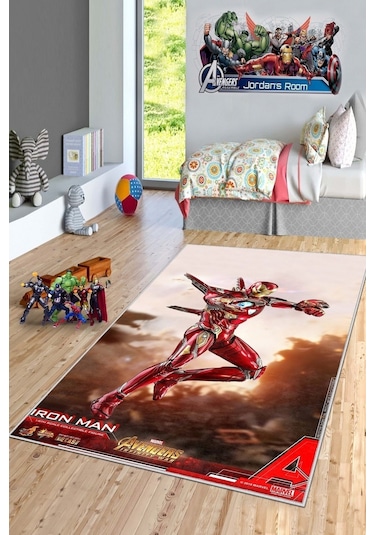 West Home Makinede Yıkanabilir Kaymaz Taban Leke Tutmaz Süper Kahraman Desenli Çocuk Halısı Wh 520 Red