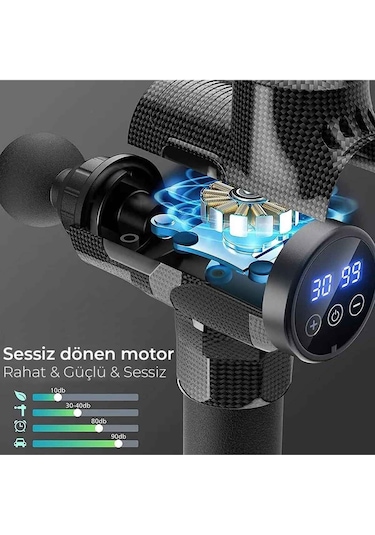 Profesyonel 6 Başlıklı Şarjlı Sporcu Masaj Tabancası 30 Hız Kademeli + Çantalı Gri