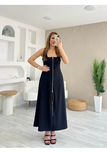 Kadın Askılı Kare Yaka Önden Fermuarlı Geniş Kesim Janjan Krep Elbise Siyah