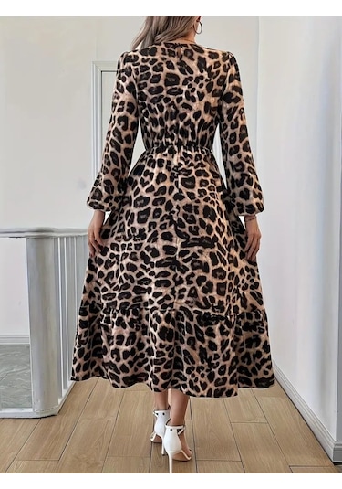 Emh Store Uzun Kollu Bisiklet Yaka Leopar Desenli Midi Süprem Elbise Leopar