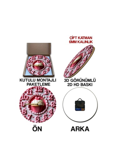 Kalpli Cupcake Temalı Mdf Duvar Saati 33 Cm, 3d Görünümlü, Sessiz Mekanizmalı, 2d Hd Baskı Sdw238 Renkli