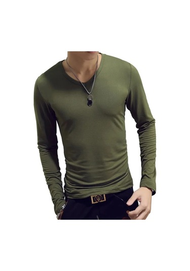 Snapbuy 2023 Erkek Uzun Kollu V Yaka Gevşek Fit T-shirt Sonbahar Giyimturuncu Turuncu