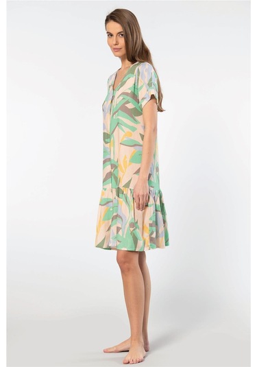 Türen 3603 Kadın Kısa Kollu Önden Düğmeli Dokuma Kloş Elbise-yeşil Yeşil