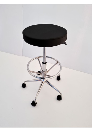 Siyah Deri Tekerlekli Yüksek Bar Boy Laboratuvar Taburesi