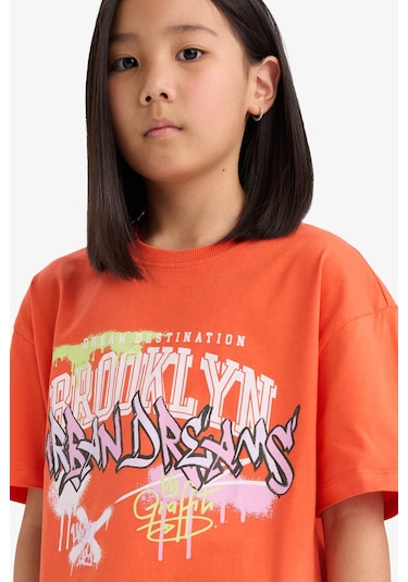 Defacto Kız Çocuk Oversize Geniş Kalıp Baskılı Bisiklet Yaka Kısa Kollu Tişört E0386a825smog584 Turuncu