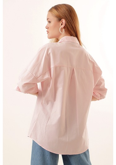 Bigdart 3900 Oversize Uzun Basic Gömlek - Pudra 001