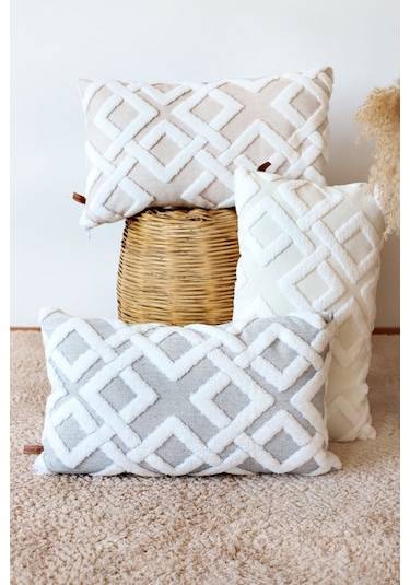 Jakarlı Kırlent 50x50 Cm Mila Ekru