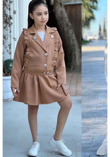 Riccotarz Kız Çocuk Gümüş Düğme Ve Fırfır Detaylı Kahverengi Ceket Etekli Takım 001