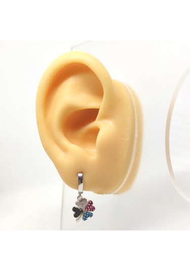 Renkli Yonca Gümüş Halka Küpe - Rodyum Beyaz Beyaz