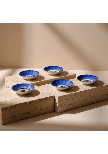 Fecra Acem 6'lı Nazarı Çay Tabağı Seti Karma Mavi