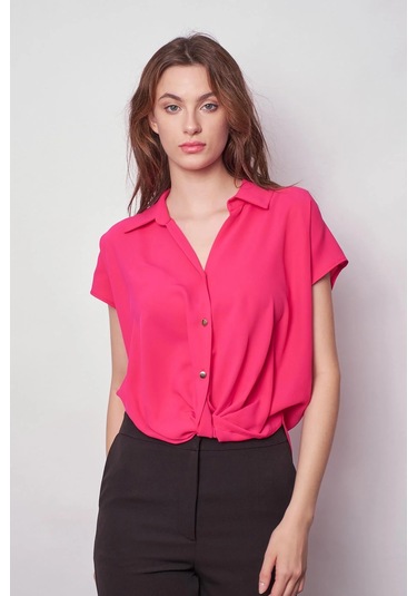Likrasız Şık Kumaş Yakalı Düşük Omuzlu Önü Pileli Gömlek-Fujya Fujya