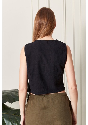 Şık Farklı Tarz Asi Keten Bluz - Modern Ve Cesur Tasarım Siyah