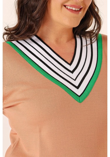 Şeritli V Yaka Büyük Beden Triko Kazak-35355-soğan Kabuğu Açık Turuncu