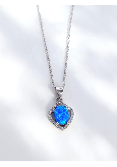 Keskin Gümüş Mavi Opal Taşlı Işıltılı Kalp Tasarım Kadın Gümüş Kolye