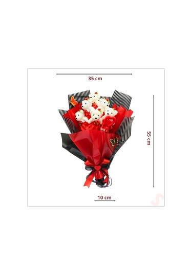 6 Ayıcıklı Buket, 55cm X 35cm - Kırmızı