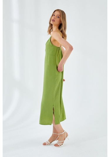 4252 Kadın İp Askılı V Yaka Elbise Fıstık Yeşili Fıstık Yeşili