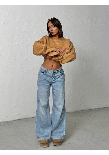 Kadın Yumuşak Dokulu Bisiklet Yaka Oversize Basic Triko Kazak Camel