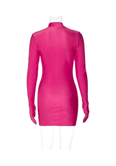 Eldivenli Uzun Kollu Katı Mini Elbise Vücuda Oturan Seksi Sokak Partisi Yarım Yaka Kıyafetler Y2k Giyim Toptan Gül Pembe