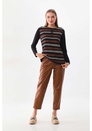 Sistas Kadın Desenli Bisiklet Yaka Uzun Kol Bluz 23596 Siyah