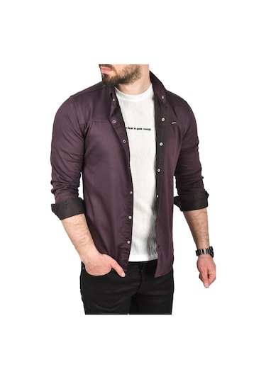 Deepsea Erkek Mürdüm Slim Fit Pamuklu Kot Gömlek Kolay Ütülenebilir Çıt Çıtlı Likralı Spor Gömlek 2502504 Mürdüm